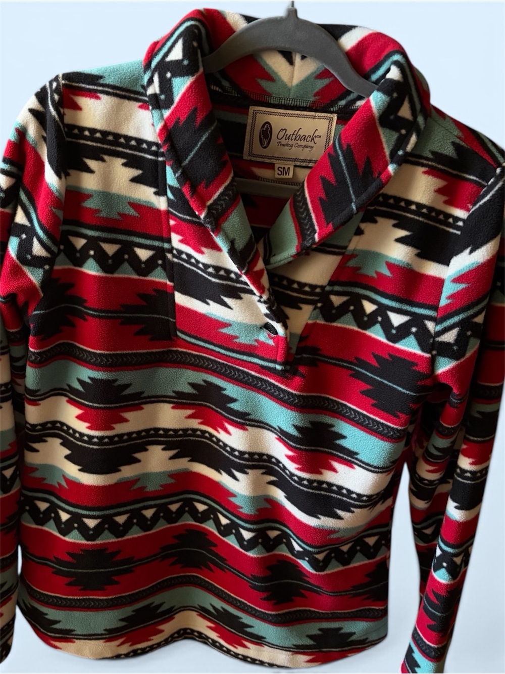 Outback Trading Company Women's Red Aztec Shawl-Collar Pullover - SM